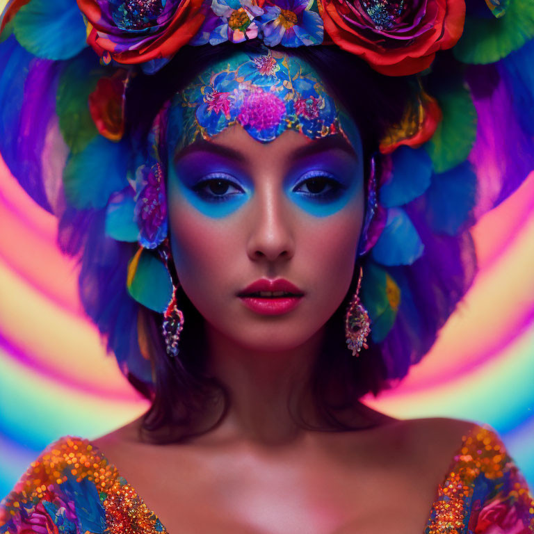 Colorful woman with vibrant makeup and floral headdress gazes ahead