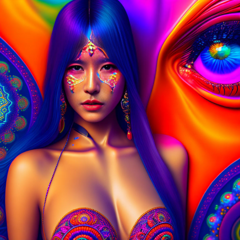 Colorful portrait of a woman with blue hair and kaleidoscopic patterns on skin