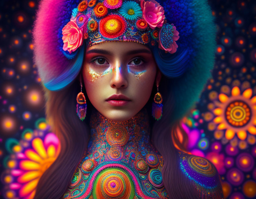 Digital portrait of woman with floral body art and furry hat in colorful setting