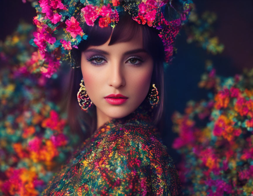 Woman in Floral Headpiece and Colorful Attire with Vibrant Makeup and Blooms Background