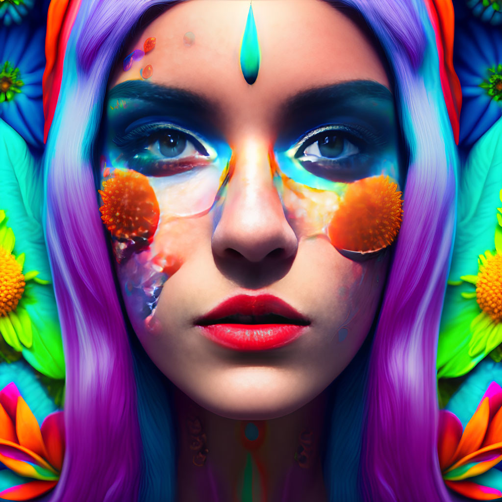 Colorful portrait of person with purple hair, blue eyes, floral makeup, and jewel-like adornments