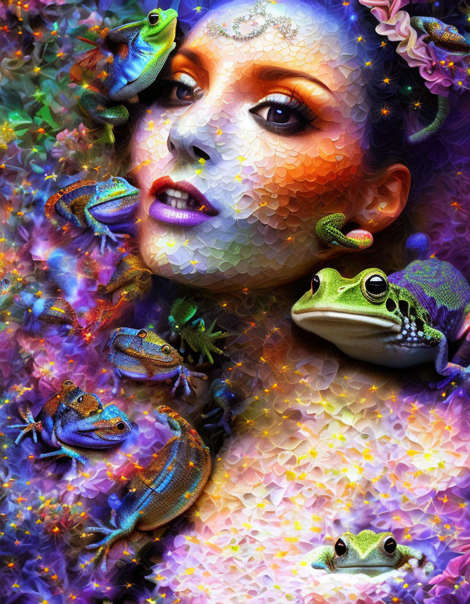 Colorful Woman with Realistic Frogs on Floral Background