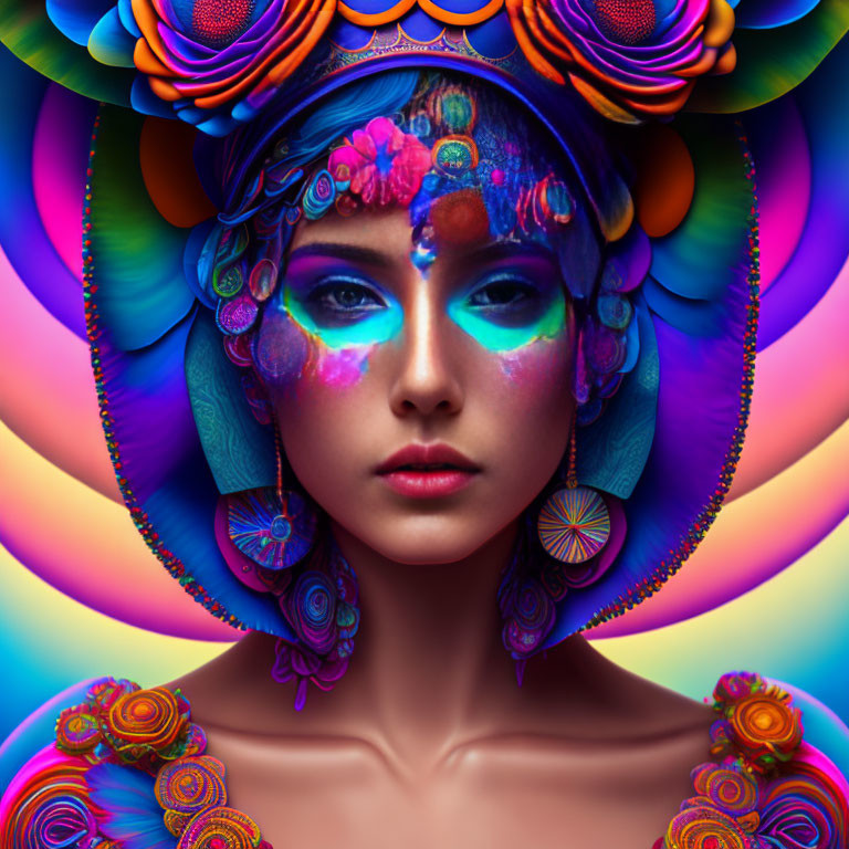 Colorful Psychedelic Woman Artwork with Floral Elements on Multi-Colored Background