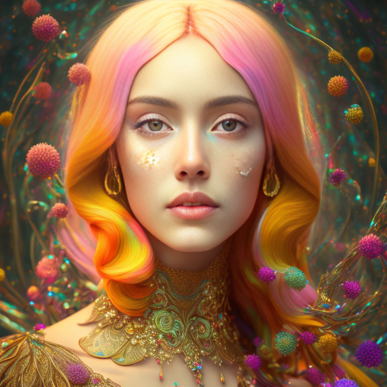Colorful Portrait of Surreal Woman with Multicolored Hair and Botanical Background