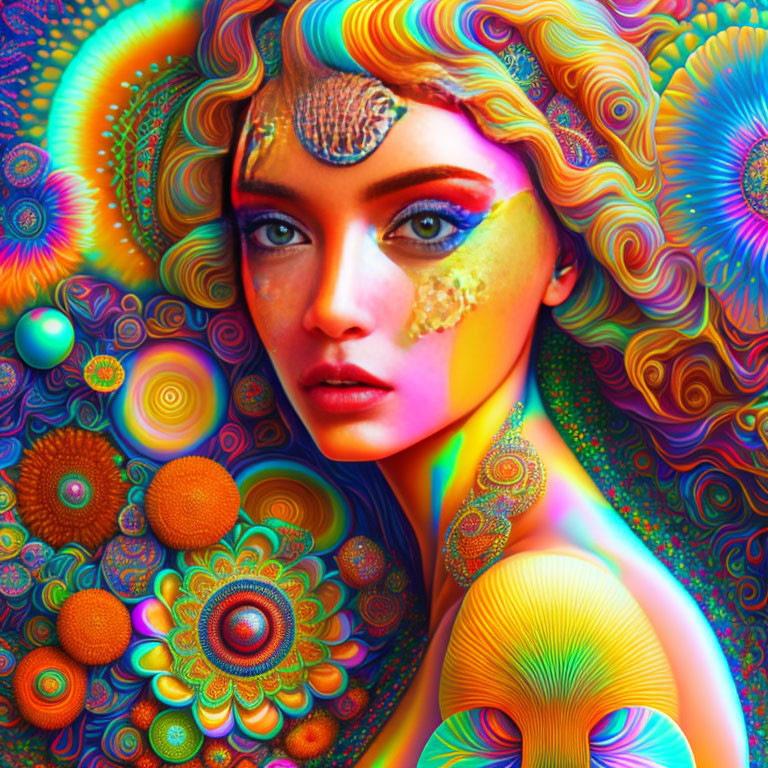 Colorful psychedelic portrait of a woman with swirling patterns and floral motifs.
