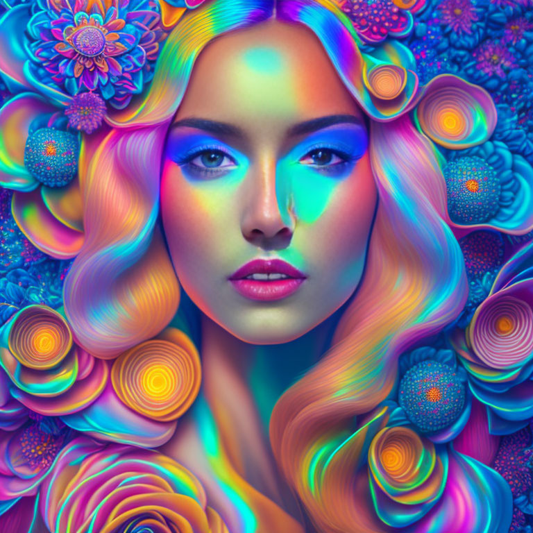 Colorful Portrait of Woman Amid Psychedelic Floral Pattern