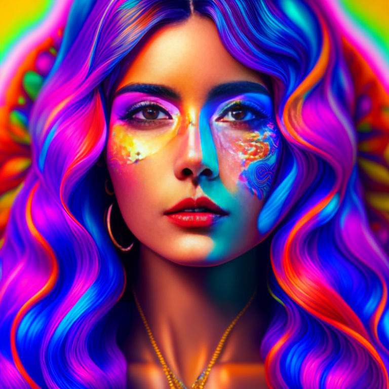 Colorful portrait of woman with rainbow wavy hair and artistic makeup.