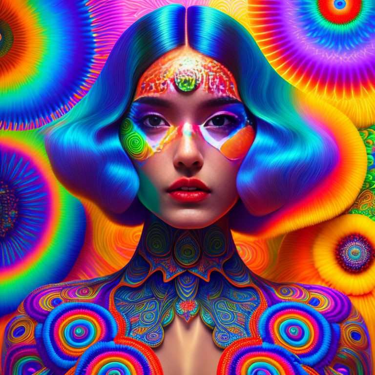 Vibrant psychedelic portrait of a woman with kaleidoscopic background