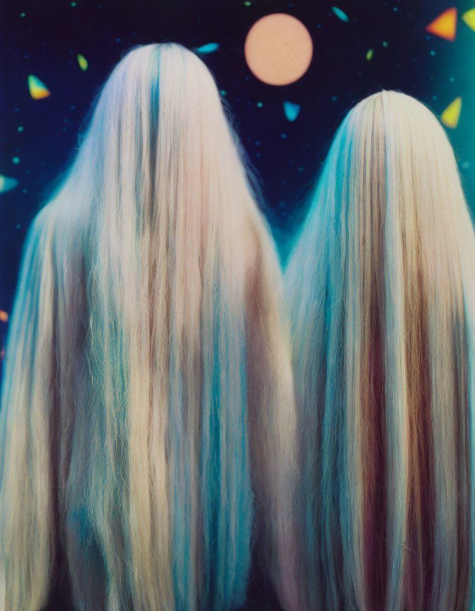 Two figures with long, pale hair in front of a cosmic backdrop with a pink sphere and colorful shapes