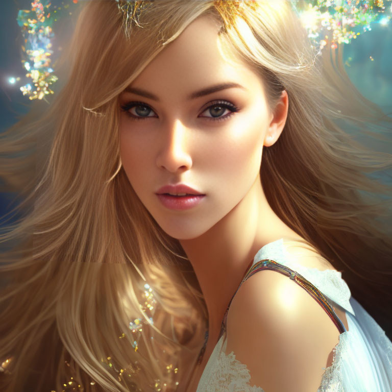 Blonde Woman Digital Artwork with Sparkling Adornments