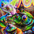 Colorful Frogs Painting on Psychedelic Background with Swirling Skies and Flora