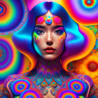 Vibrant portrait of a woman with colorful body art and psychedelic backdrop