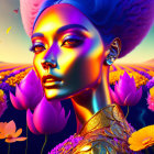 Colorful portrait of woman with psychedelic hair and makeup in vibrant floral setting