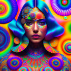 Colorful digital artwork: Woman with psychedelic patterns and swirling mandalas