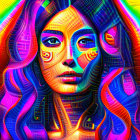 Colorful digital portrait of a woman with multicolored hair and psychedelic floral patterns