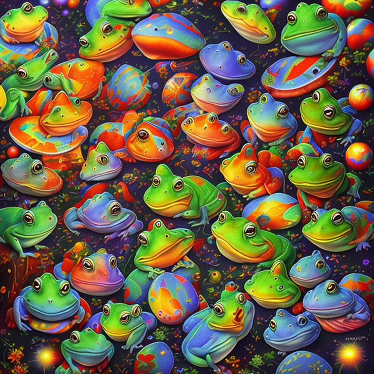 Vibrant illustrated frogs on leaves and spheres in starry backdrop