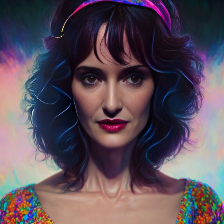 Blue-haired woman in sequin top against colorful background with subtle smile.