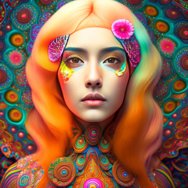 Colorful Woman with Psychedelic Background and Floral Face Decorations