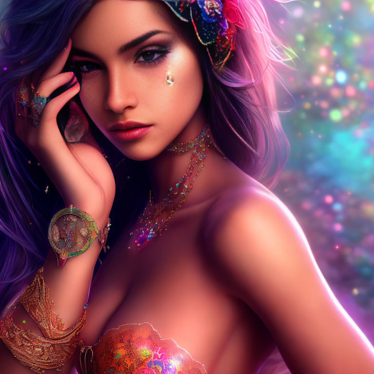 Vibrant purple-haired woman with colorful jewels in mystical gaze