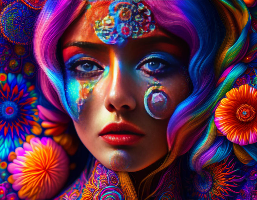 Colorful portrait of woman with psychedelic makeup and floral patterns
