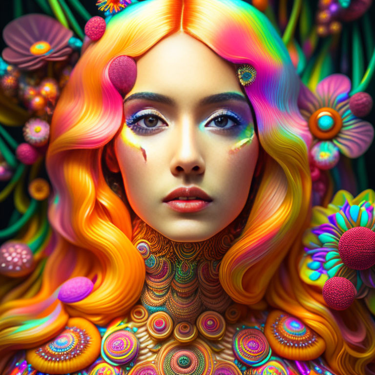 Colorful portrait of woman with multicolored hair and makeup amidst vibrant floral patterns