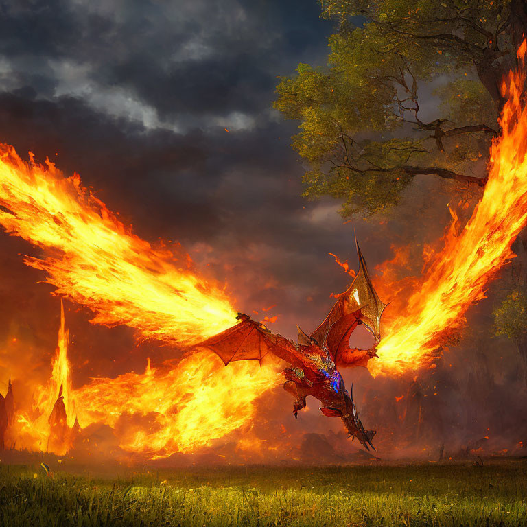 Majestic dragon breathing inferno in scorched forest under dusky sky