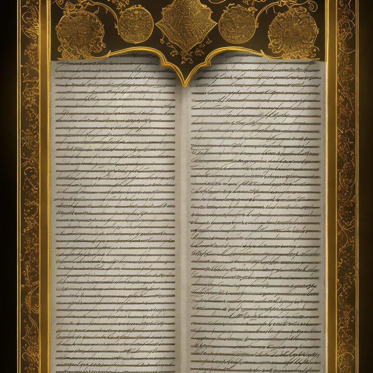 Ornate Open Book with Gold-Embossed Cover and Handwritten Text