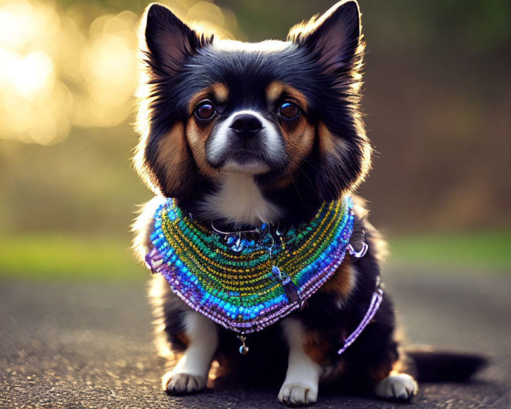 Fluffy black and tan dog with beaded necklace on path