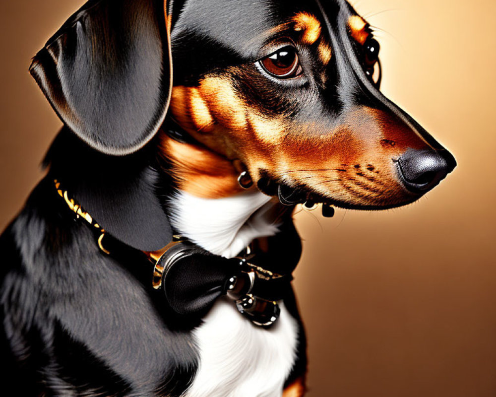 Black and Tan Dachshund with Collar and Bow Tie on Amber Background