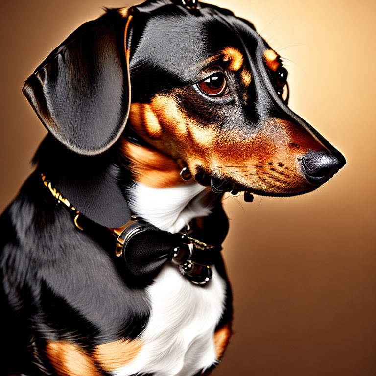 Black and Tan Dachshund with Collar and Bow Tie on Amber Background
