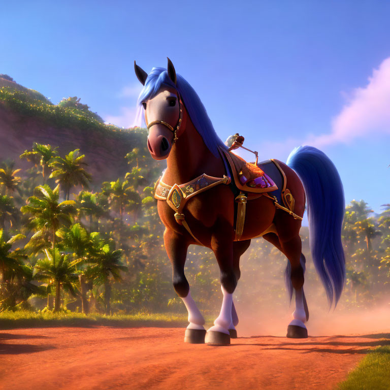 Blue-Maned Animated Horse in Ornate Tack on Dirt Path with Palm Trees