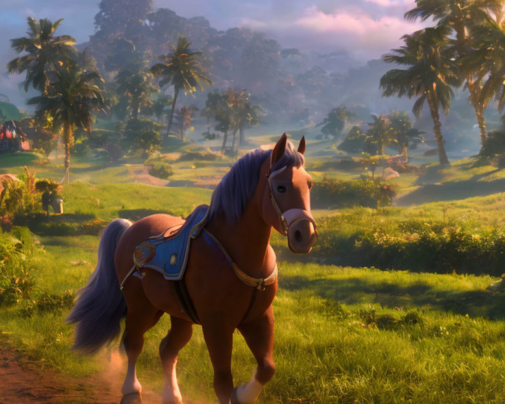 Blue-saddled animated horse in lush tropical landscape at sunrise