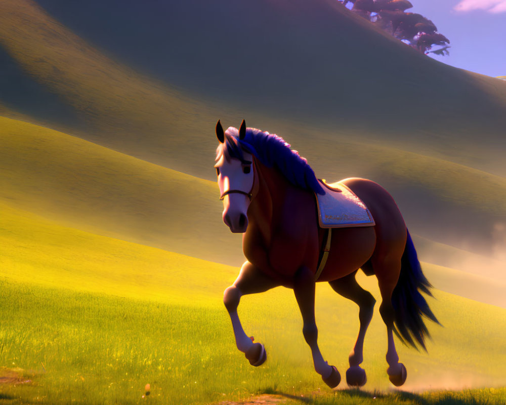 Animated purple-maned horse galloping on green hillside under golden sunlight