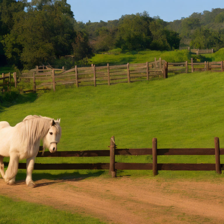 White Horse by Wooden Fence in Lush Green Pasture