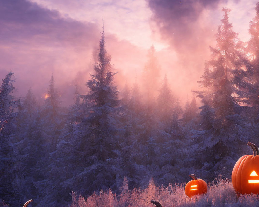 Snow-covered trees and Jack-o'-lanterns in twilight forest scene