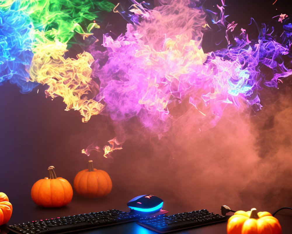 Colorful Smoke Over Gaming Setup with Keyboard, Mouse, and Pumpkins