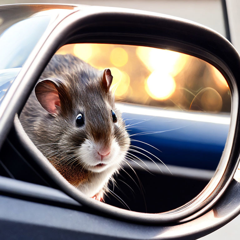 Curious mouse looking through car side mirror with warm bokeh background