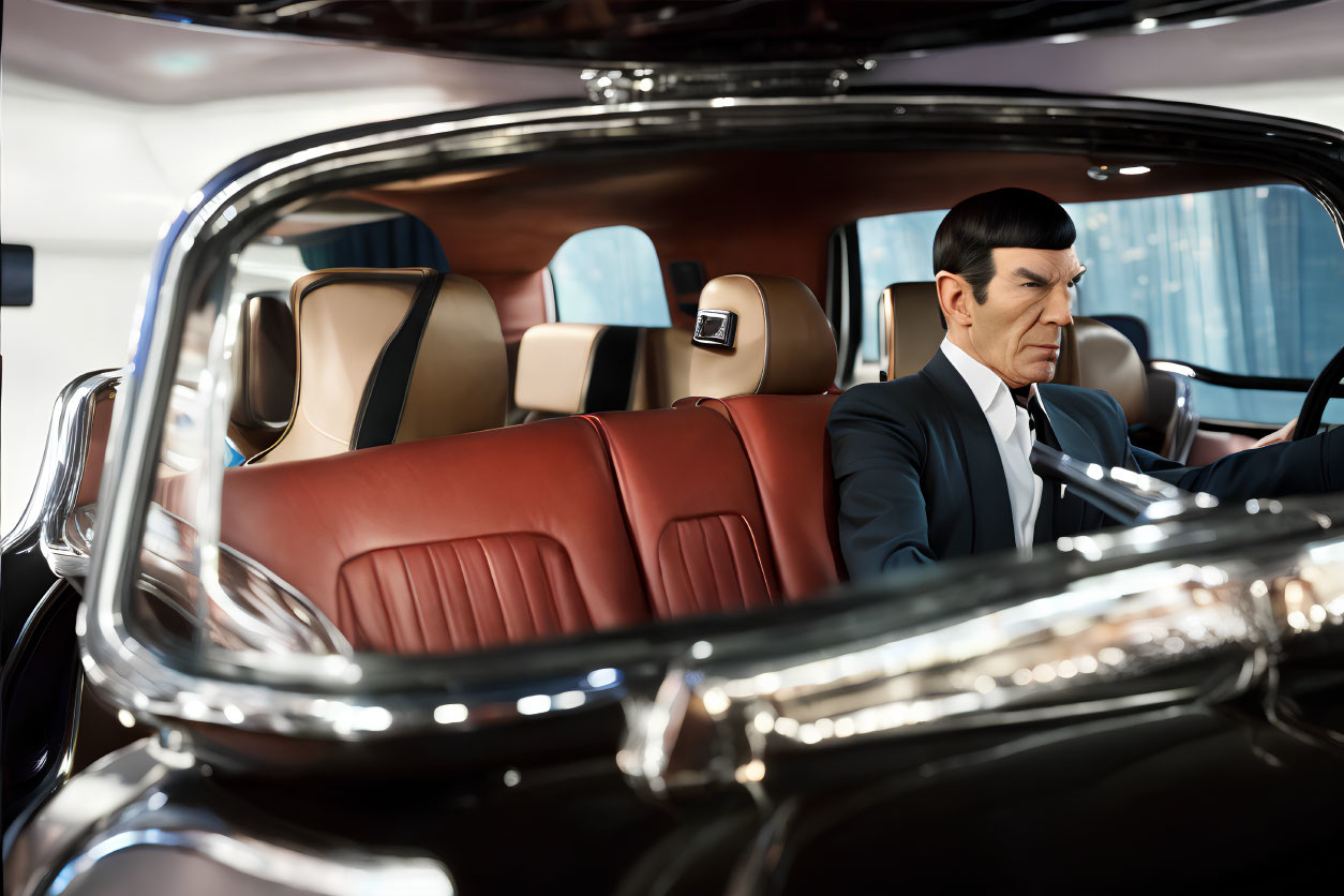Man in Black Suit Resembling Spock in Luxury Car