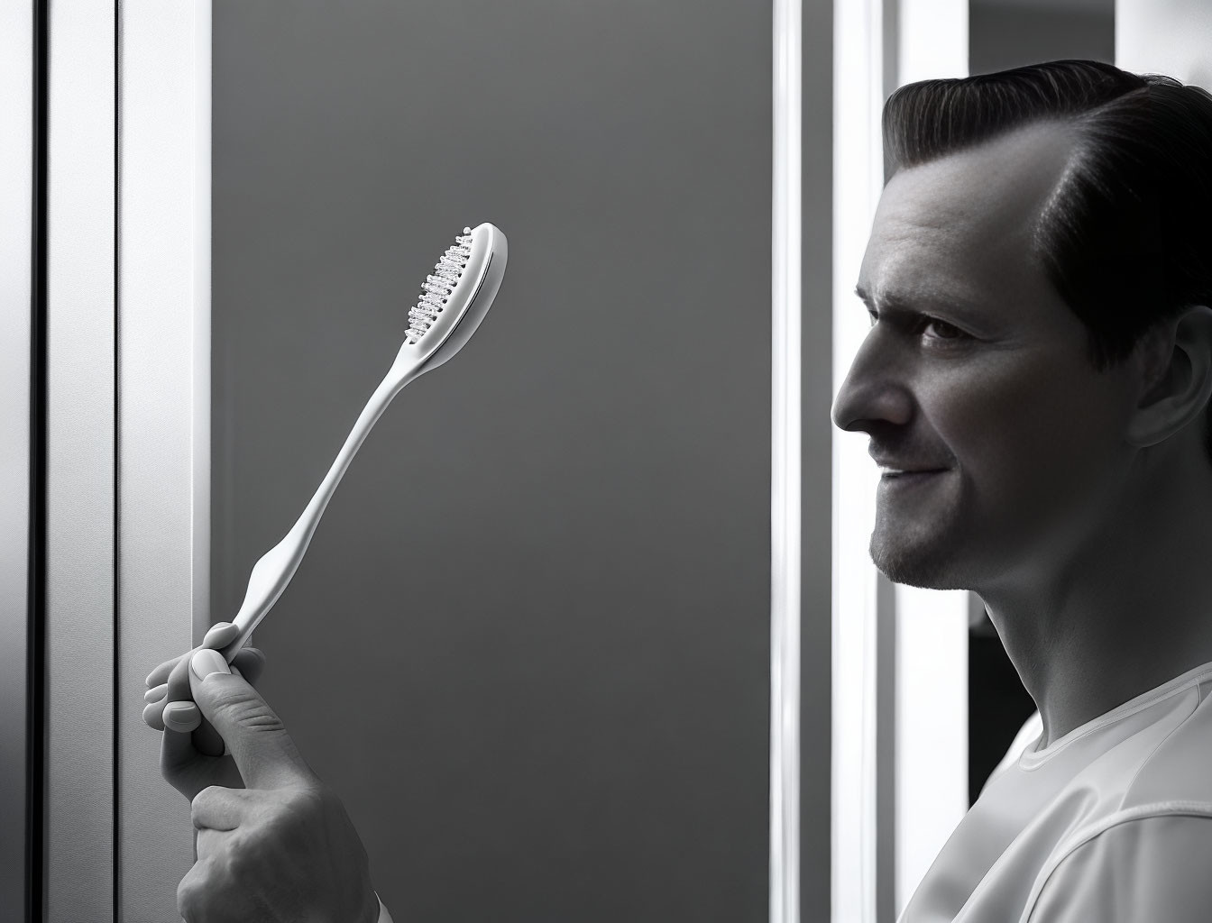 Man in white shirt examines toothbrush under light source
