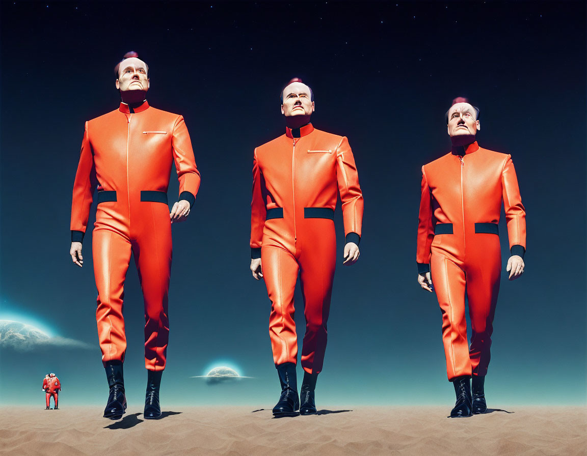Four figures in orange space suits on sandy terrain under starry sky