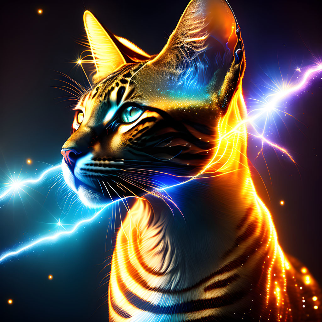 Colorful digital artwork: Glowing cat with cosmic lights on dark background