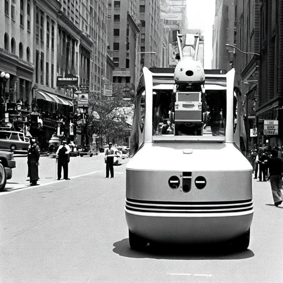 Monochrome photo: Bus with cartoon rabbit driving in urban setting