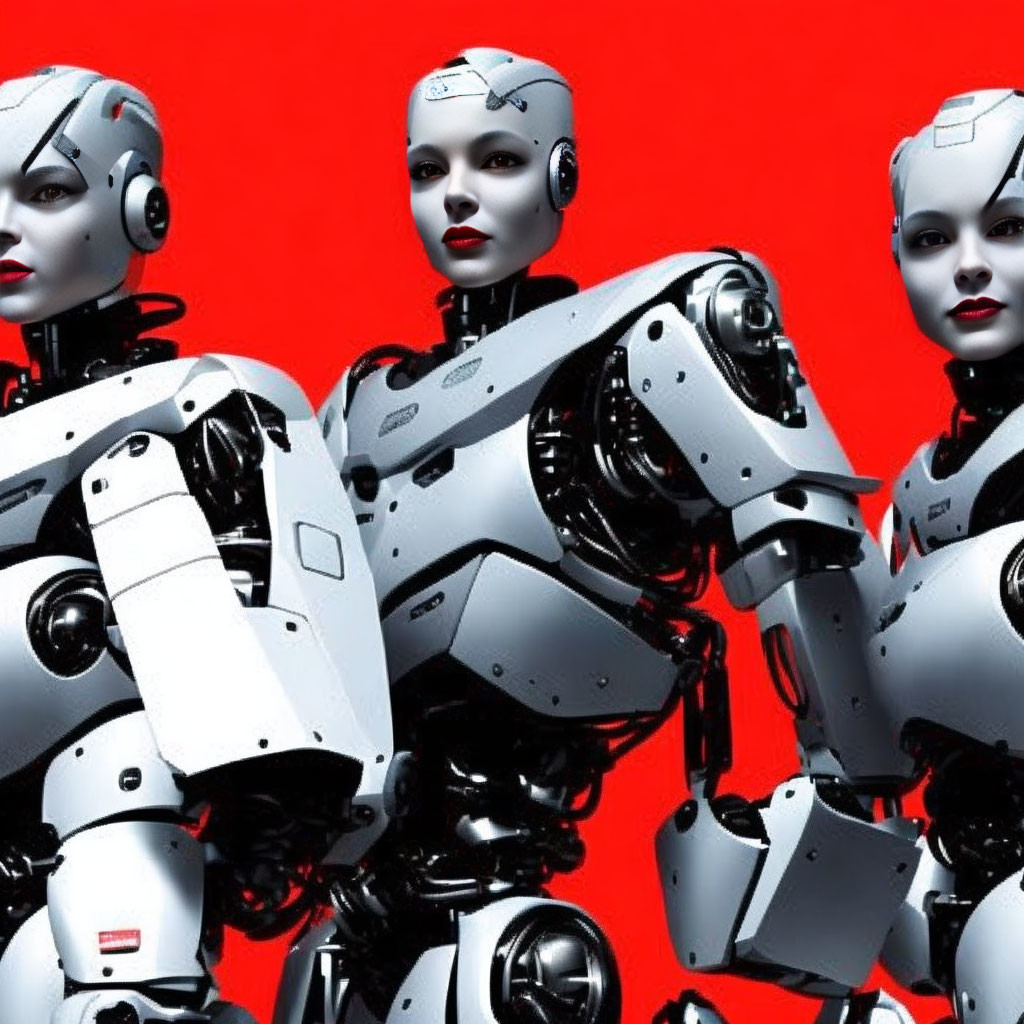 Three female humanoid robots on red background