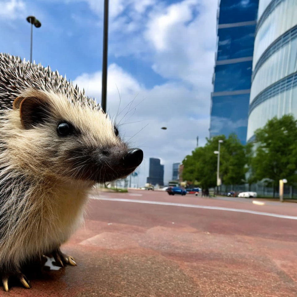 Close-Up Hedgehog on City Sidewalk with Skyscrapers and Blue Sky