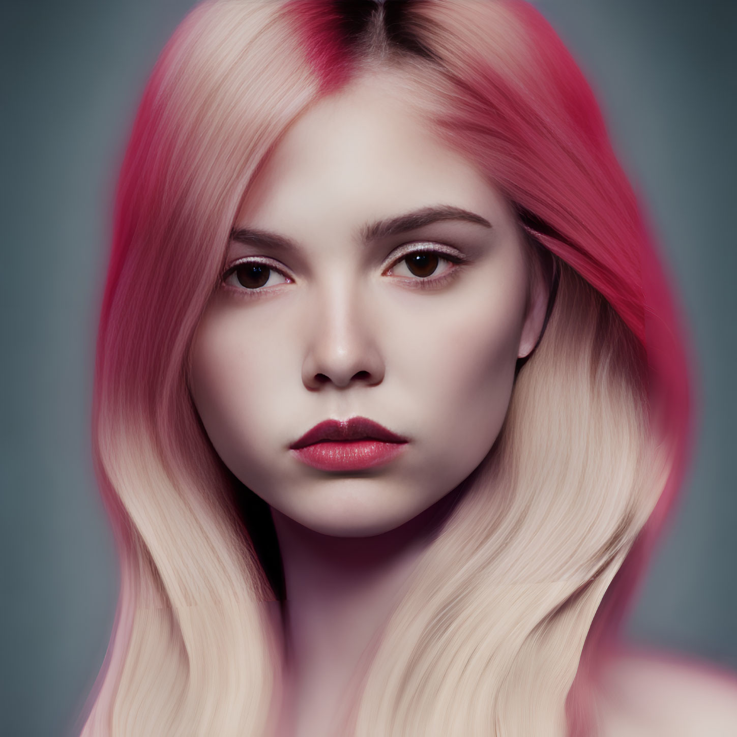 Pink and Blonde Ombre Hair with Intense Gaze on Teal Background
