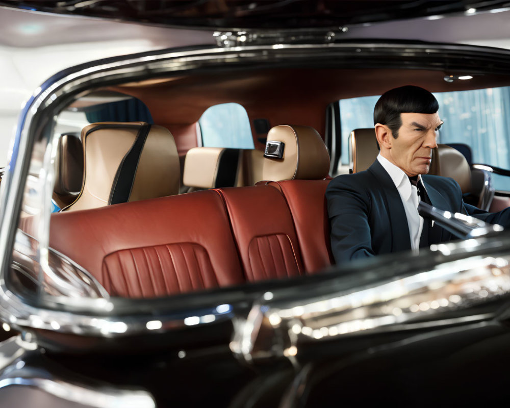 Man in Black Suit Resembling Spock in Luxury Car
