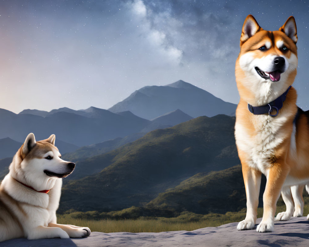 Shiba Inu dogs on mountain backdrop at twilight