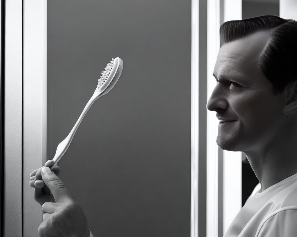 Man in white shirt examines toothbrush under light source