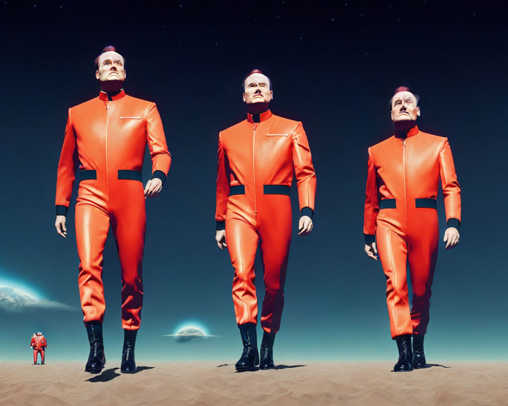 Four figures in orange space suits on sandy terrain under starry sky
