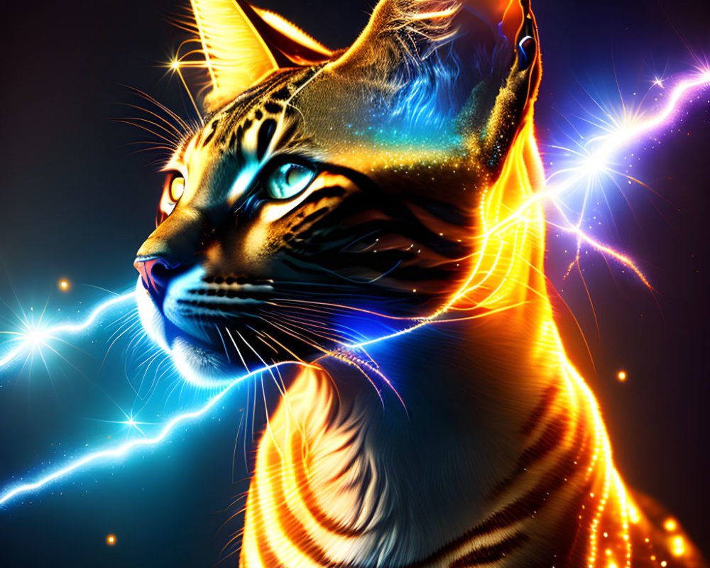 Colorful digital artwork: Glowing cat with cosmic lights on dark background